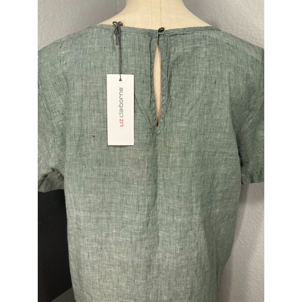 NWT Liz Claiborne Linen Cotton Pintuck Short Sleeve Blouse L Forest Green - Picture 2 of 11